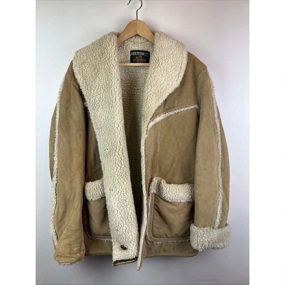 Vintage Sears Western Outdoor Wear Sherpa Suede Jacket Size Medium 1970s‎